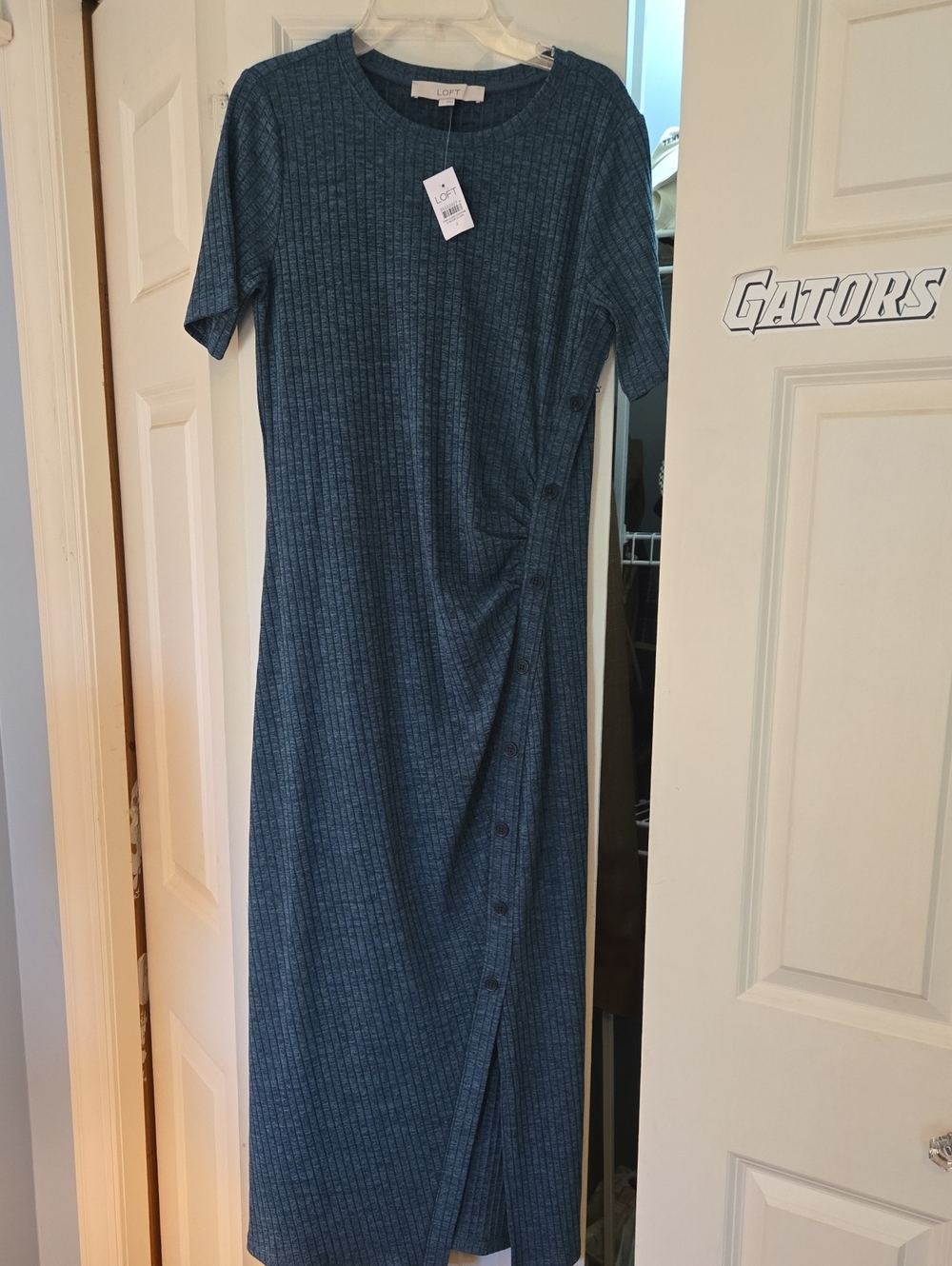 LOFT Teal-Blue Short-Sleeve Ribbed Midi Dress with Side Button Detail